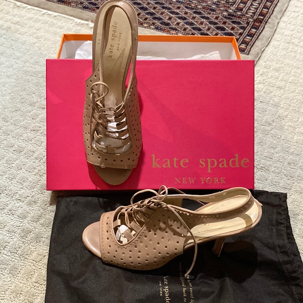 Kate Spade Criss Leather Open Toe Lace Up heels Size 8 Color Truffle